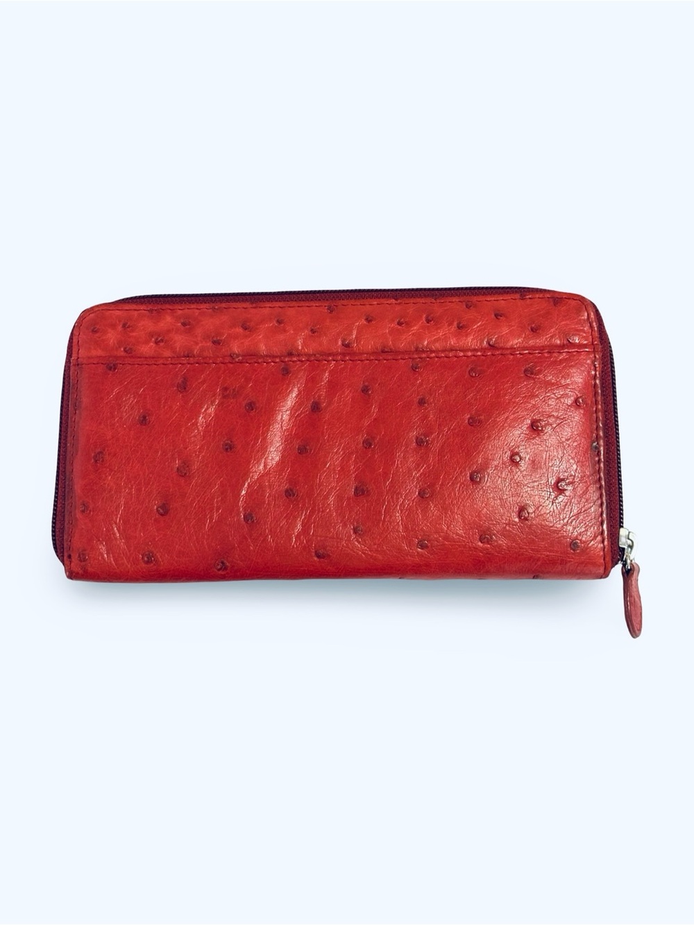 Ostrich Leather Zip-Around Red Wallet for Women
